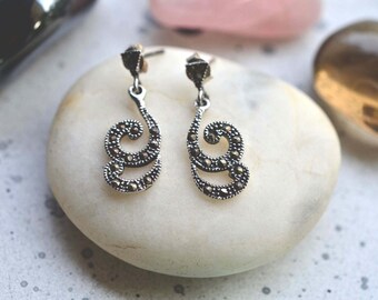 Boucles D'oreilles Pendantes Argent 925 Marcasite Double Ovale - Neuves Sans Boîte