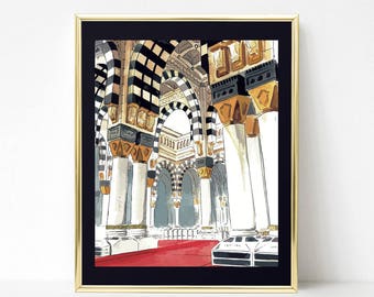 Masjid Nabawi wall print - Madina masjid - Islamic watercolor wall art - Muslim home decor - Hajj Umrah Eid gift - Prophet&#39;s mosque
