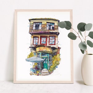 Turkey street art- Bursa watercolor wall print - cityscape - 8x10 old shop painting