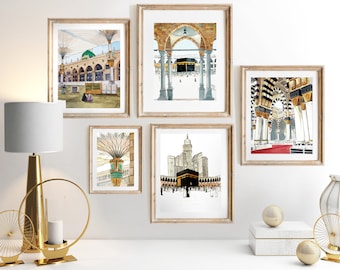 Haramain painting set of 5 - Islamic watercolor paintings of Kaaba and Masjid Nabawi - Eid Umrah Hajj gift