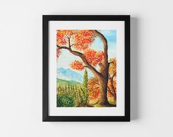 ORIGINAL landscape art - fall autumn trees mountains