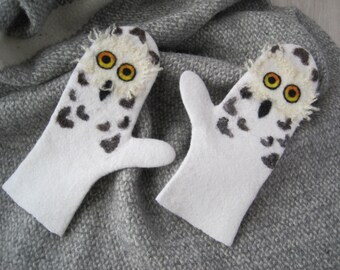 Felted mittens Women's wool mittens Owls Mittens White Owls gloves Merino wool mittens Winter warm gloves Felted handwarmers Polar owl mitts