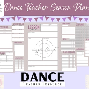 Op de afbeelding: Printbare 8,5x11 inch dansleraar seizoens planner met secties voor kostuums, choreografie, lesplannen, klasorganisatie en meer. De planner heeft een lichtgrijze achtergrond met roze accenten en een logo met de tekst "meghadeast est 2016".