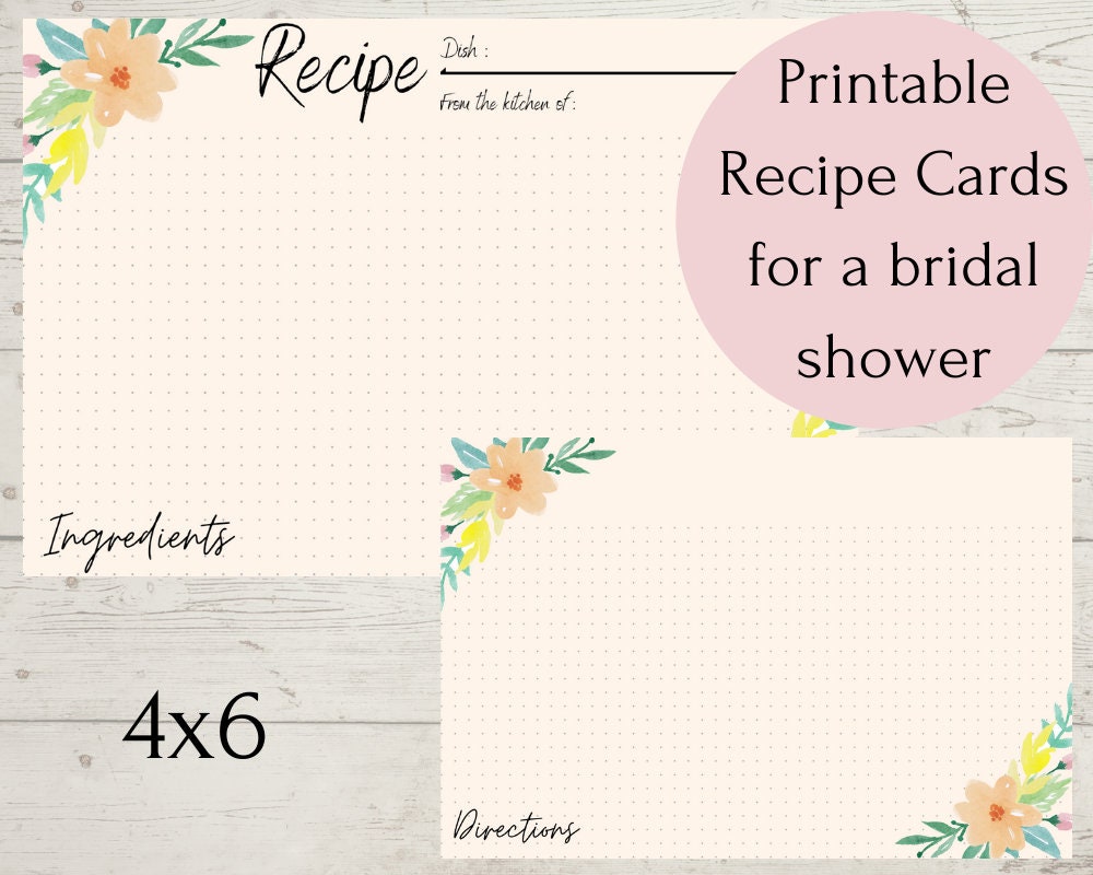 Printable Recipe Cards for Bridal Shower Floral Recipe Cards Etsy
