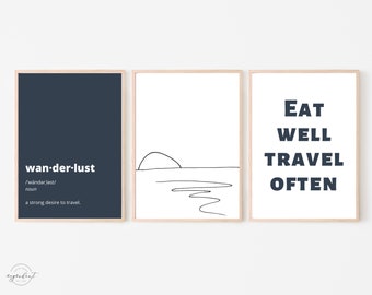Wanderlust Gallery Wall Art Set of 3 | Navy Blue Eat Well Travel Often Digital Download | Printable Travel Art | Sunset One Line Art