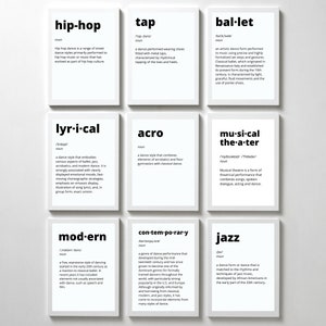Könnte beinhalten: Ein Satz von neun schwarz-weißen druckbaren Postern mit Definitionen verschiedener Tanzstile, darunter Hip-Hop, Tap, Ballett, Lyrical, Acro, Musiktheater, Modern, Contemporary und Jazz.