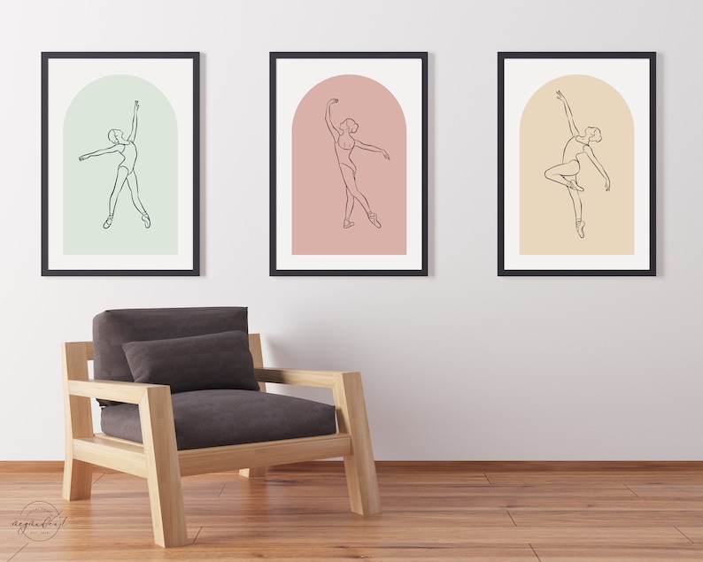 May include: Three framed prints of a line drawing of a ballerina in a variety of poses. Each print has a different colored background: green, pink, and yellow.