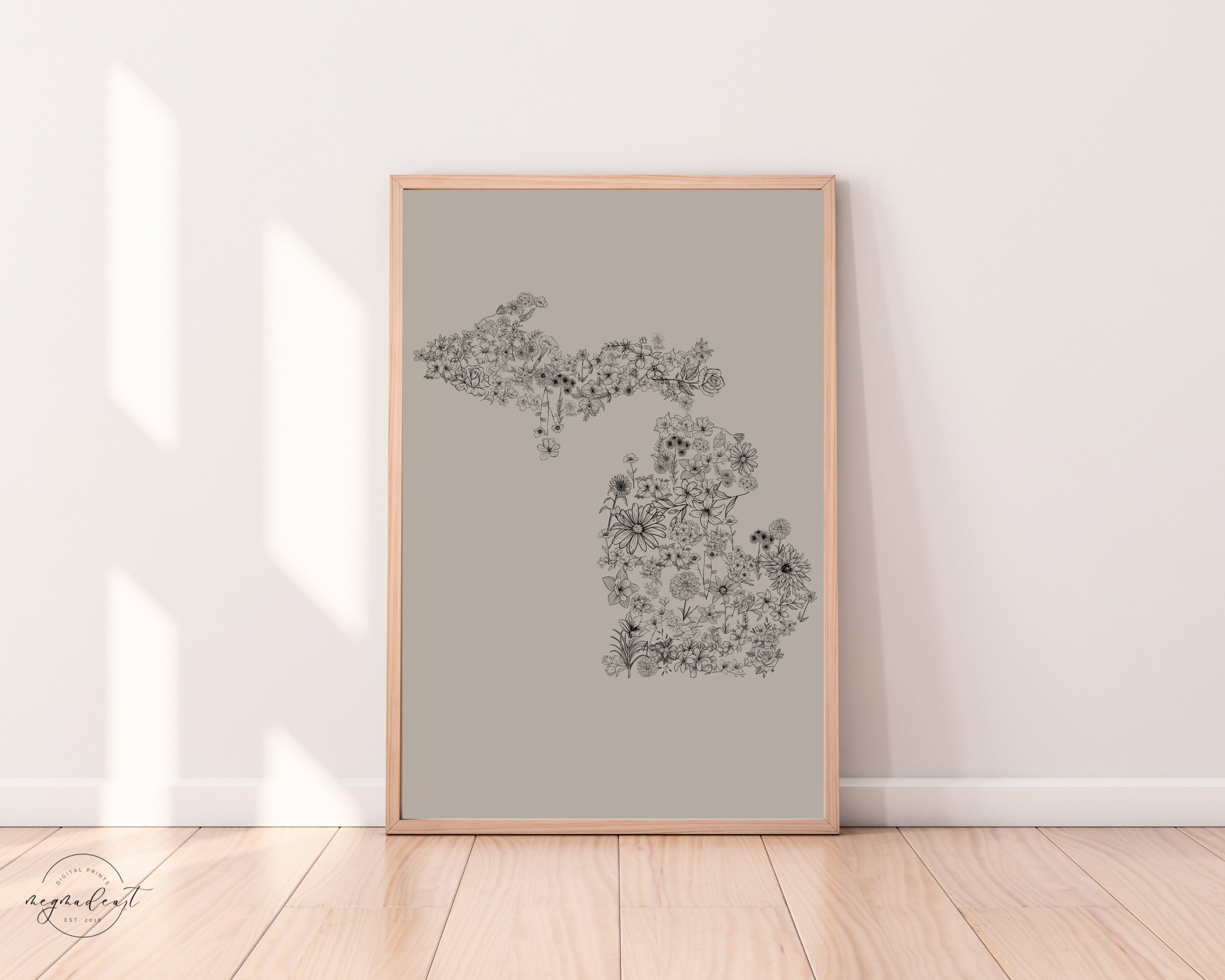 Floral Michigan Map Wall Art Digital Download Wall Decor Downloadable ...