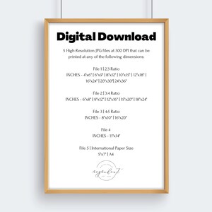 May include: A digital download graphic with a wooden frame. The text reads "Digital Download" and lists five high-resolution JPG files at 300 DPI that can be printed at various dimensions in inches. The text also includes the file number and aspect ratio for each file.