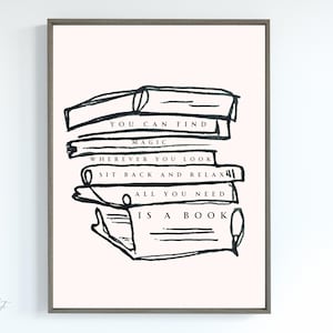 Bookish Line Art Dr. Seuss Zitat Druck | Bücherwurm Geschenk | Digitaldruck | Minimalistische Buchzeichnung | Herunterladbare Buchwandkunst | Bücherstapel