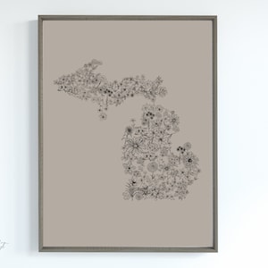 Floral Michigan Map Wall Art Digital Download | Wall Decor Downloadable Print | Flower Map Art | MI Map Download | Michigan Print Art