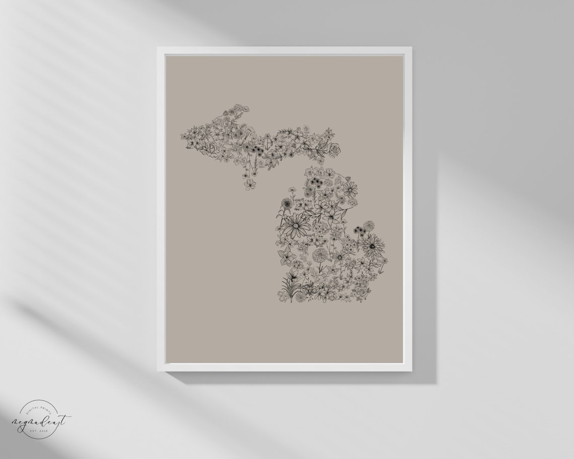 Floral Michigan Map Wall Art Digital Download Wall Decor Downloadable Print Flower Map Art MI ...