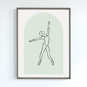 May include: A line drawing of a ballerina in a green archway. The ballerina is wearing a leotard and pointe shoes. The drawing is in black and white.