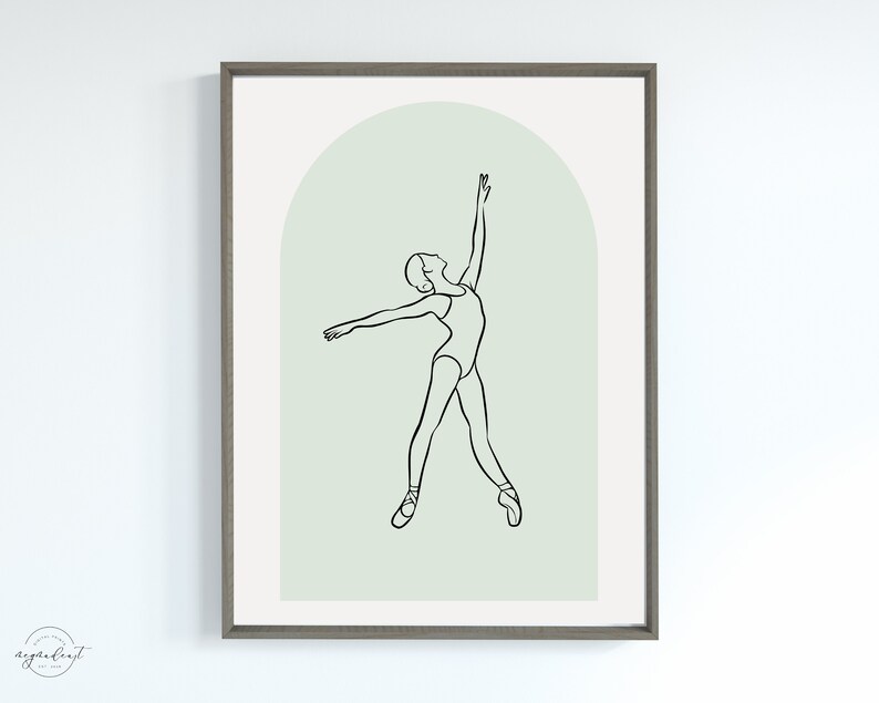 May include: A line drawing of a ballerina in a green archway. The ballerina is wearing a leotard and pointe shoes. The drawing is in black and white.