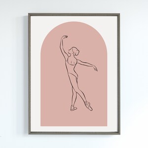 May include: Line art drawing of a ballerina in a pink archway. The ballerina is wearing a leotard and pointe shoes. The drawing is in black and white.