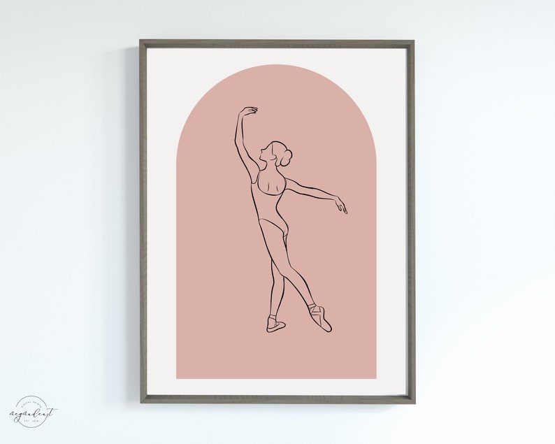 May include: Line art drawing of a ballerina in a pink archway. The ballerina is wearing a leotard and pointe shoes. The drawing is in black and white.