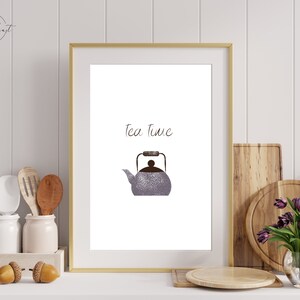 Tea Kettle Art Print | Tea Time Wall Art for Kitchen Decor Digital Print | Minimalist Download Art | Tea Time Art Printable | Teacup Print