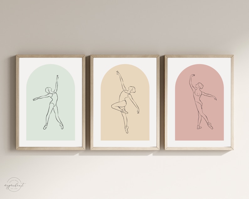 May include: Three framed prints with a line drawing of a ballerina in a variety of poses. Each print has a different colored background: green, yellow, and pink.