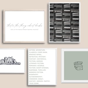 Book Gallery Wall Art Digital Print | Set of 5 Downloadable Prints for Book Lovers | Bookish Line Art | Library Artwork | Bookshelf Photo