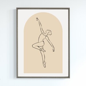 May include: A line drawing of a ballerina in a beige archway. The ballerina is in a pose with one leg extended and the other leg bent at the knee. The drawing is in black and white.