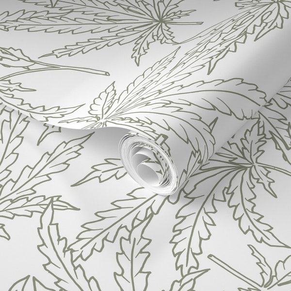 Cannabis Wallpaper | Modern Marijuana Wall Mural | Weed Wallpaper in White and Sage | Removable | Peel & Stick | Eco-Friendly | Dispensary