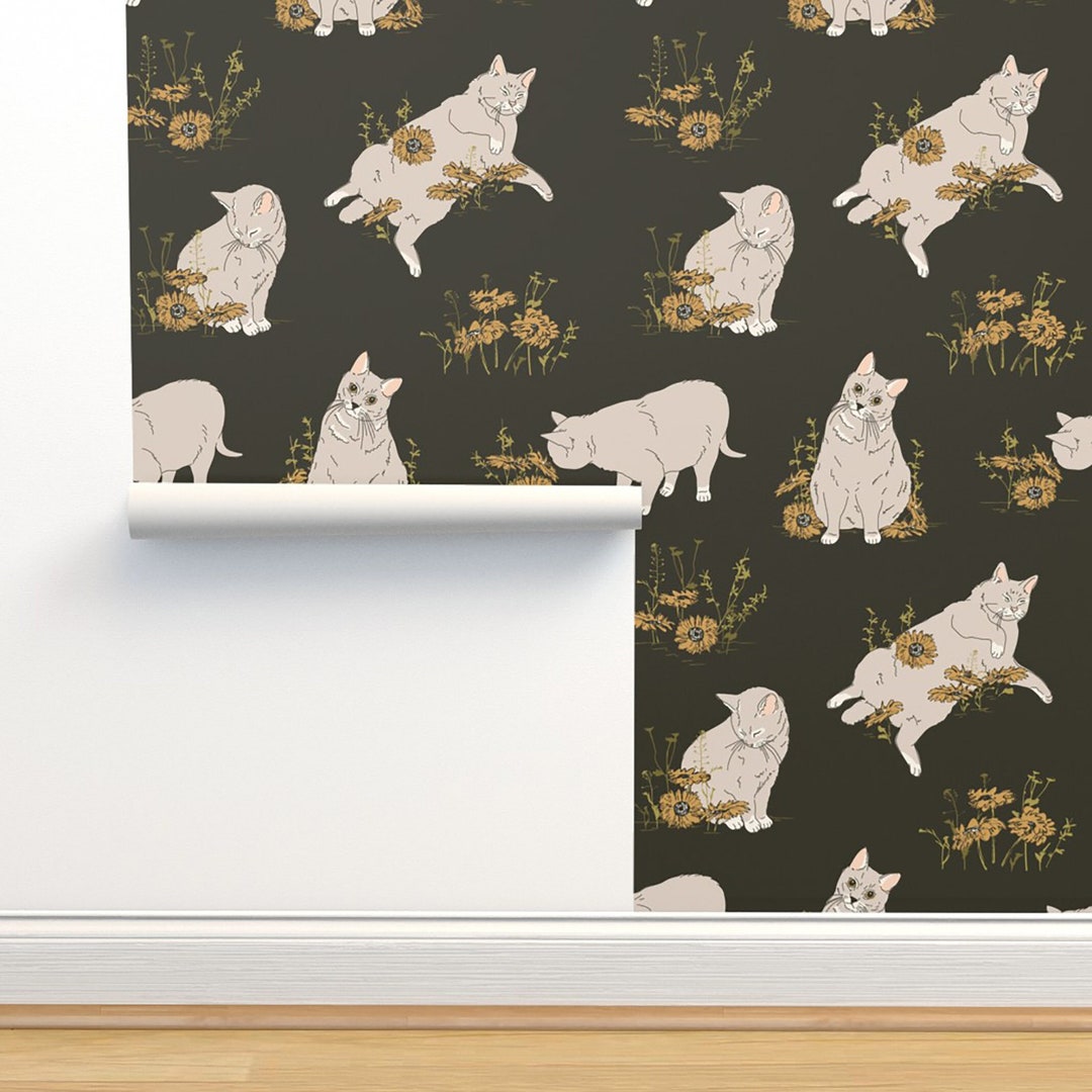 Cat Wallpaper Cute Cat Wall Mural in Black Removable Wallpaper Peel