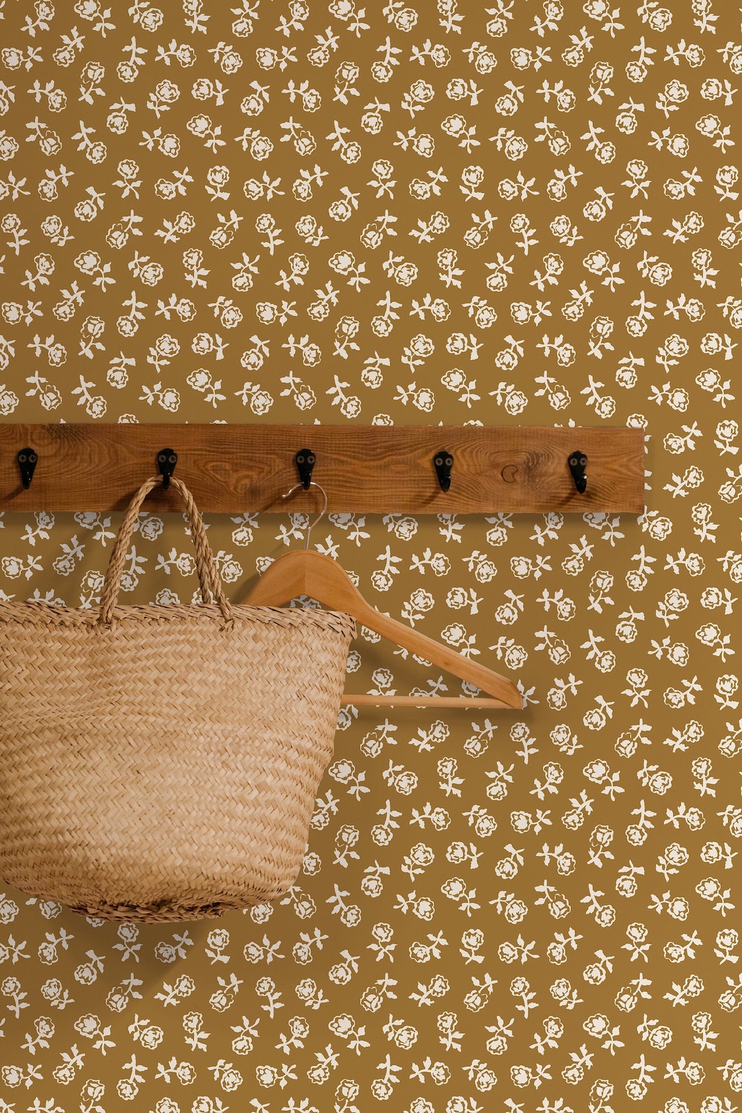 Ditsy Floral Wallpaper in Golden Brown and Cream Vintage Flower Wall Mural Eclectic Boho Floral