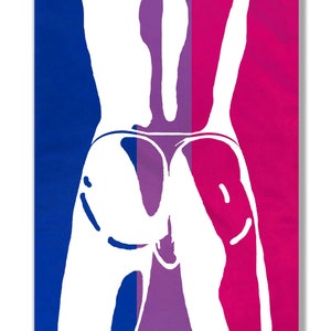 Peut inclure: Une silhouette blanche d'un dos de personne sur un fond bleu, violet et rose. La silhouette a la forme du dos d'une personne avec les jambes écartées.
