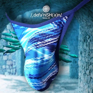 May include: Blue and white patterned swimwear with a string design. The swimwear has a wave-like pattern and is set against a blue background with a school of fish. The text /,defa'nish(ə)n/ Denver, CO is visible.
