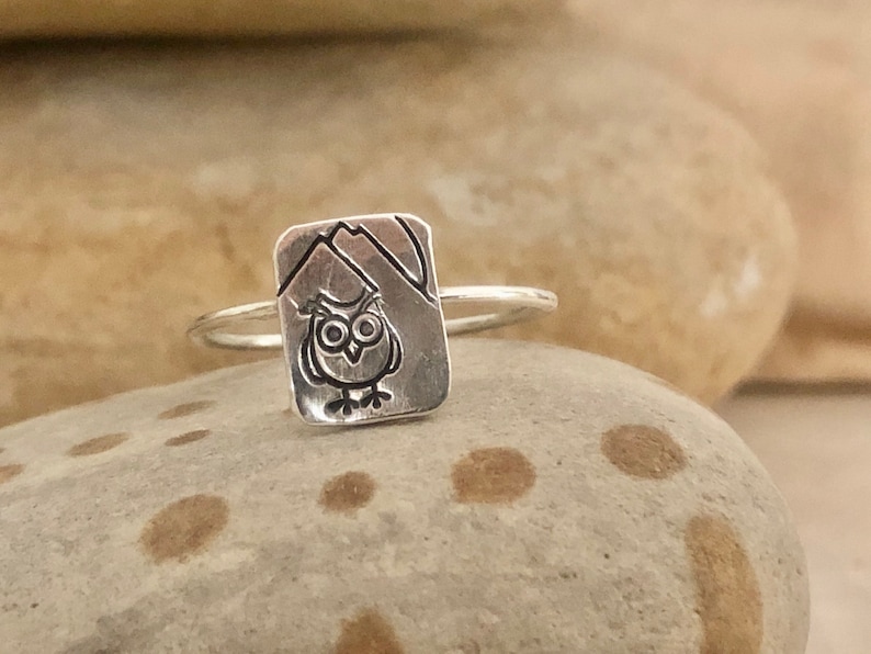 animal theme stamped with a wave gift for her cactus and owl love Tiny dainty hand-stamped ring nature theme gift