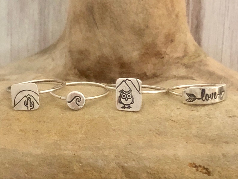 animal theme stamped with a wave gift for her cactus and owl love Tiny dainty hand-stamped ring nature theme gift