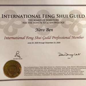 May include: A certificate from the International Feng Shui Guild, acknowledging Nora Ben as a Professional Member. The document features the guild's logo, the Board of Directors' acknowledgment, and the dates June 23, 2020, to December 23, 2020.