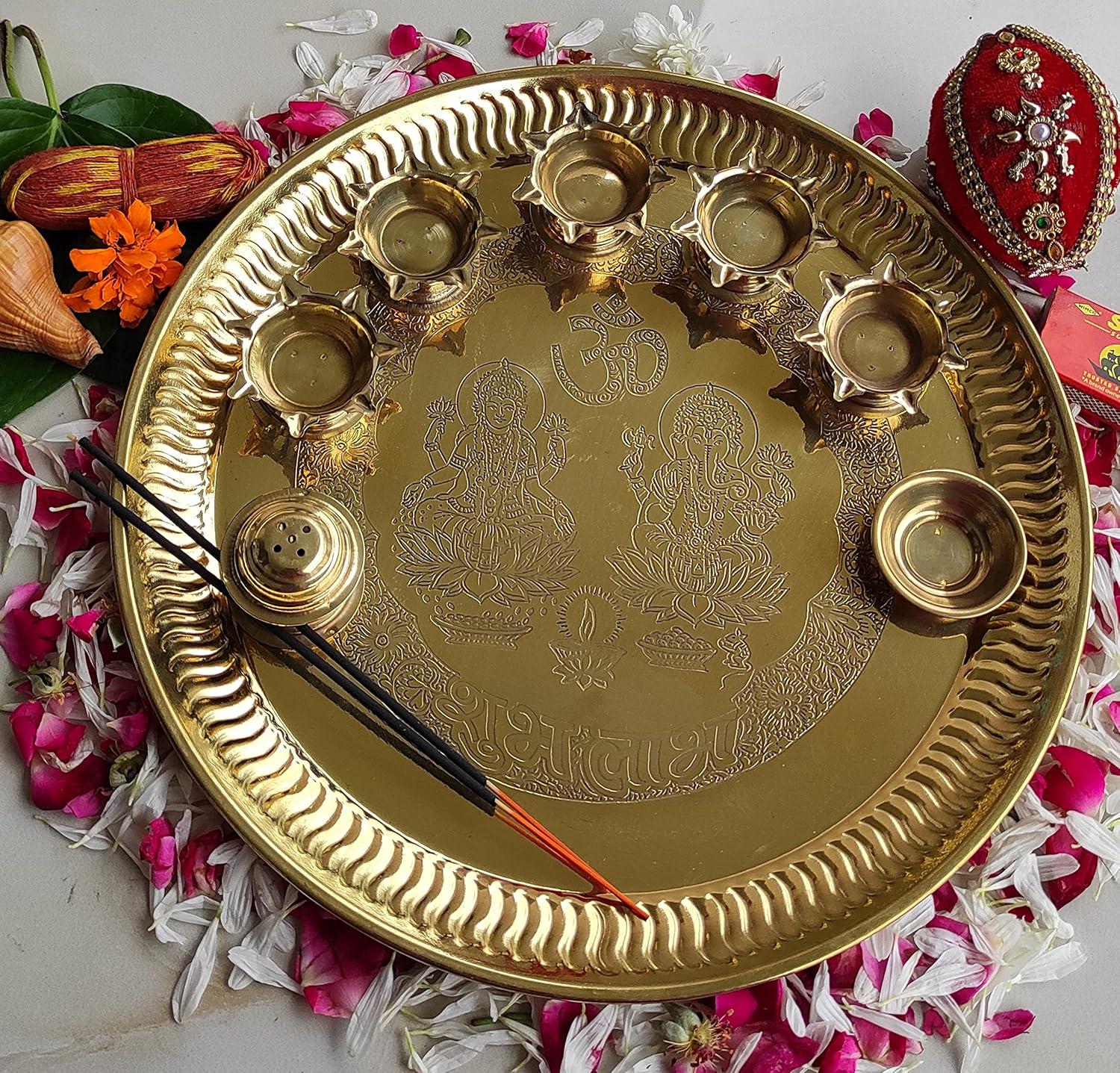 8 Inch Brass Pooja Plate Pital Puja Set Arti Thali Traditional Handcrafted For Home Office Mandir Wedding Return Gift Items