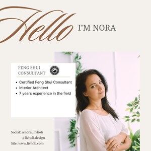 May include: A light beige graphic with the word "Hello" in a cursive font and the text "I'M NORA". A business card-style graphic lists "FENG SHUI CONSULTANT" and details: Certified Feng Shui Consultant, Interior Architect, and 7 years experience.