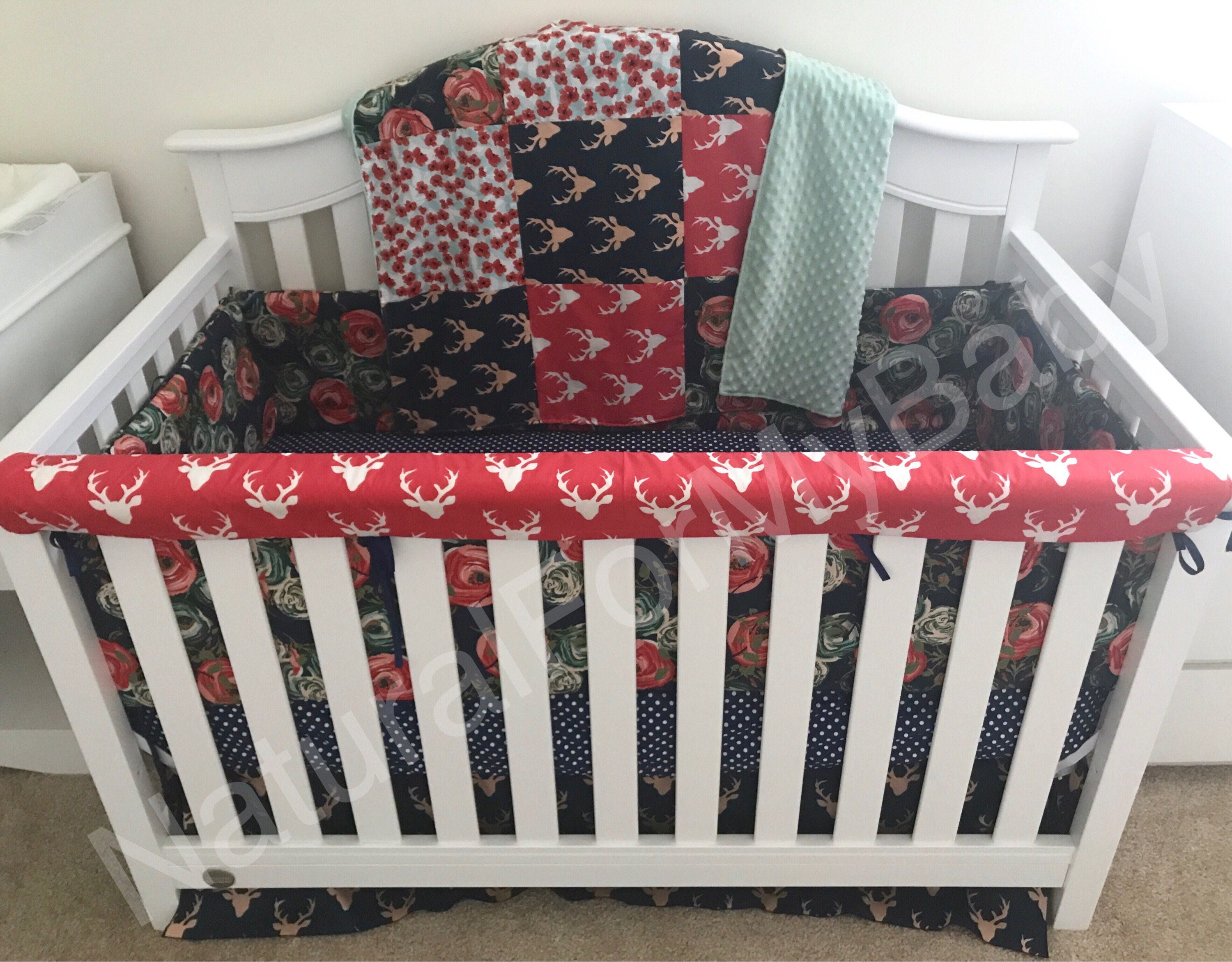 Deer Baby Girl Crib Bedding Buck Patchwork Poppy Red Mint Navy Etsy