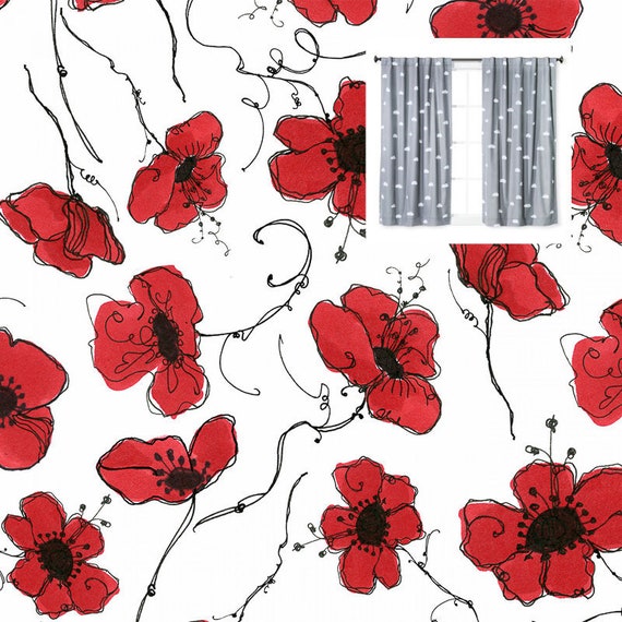 Poppy Red Roses Floral Curtains Panels Or Valance Nursery Girl Etsy