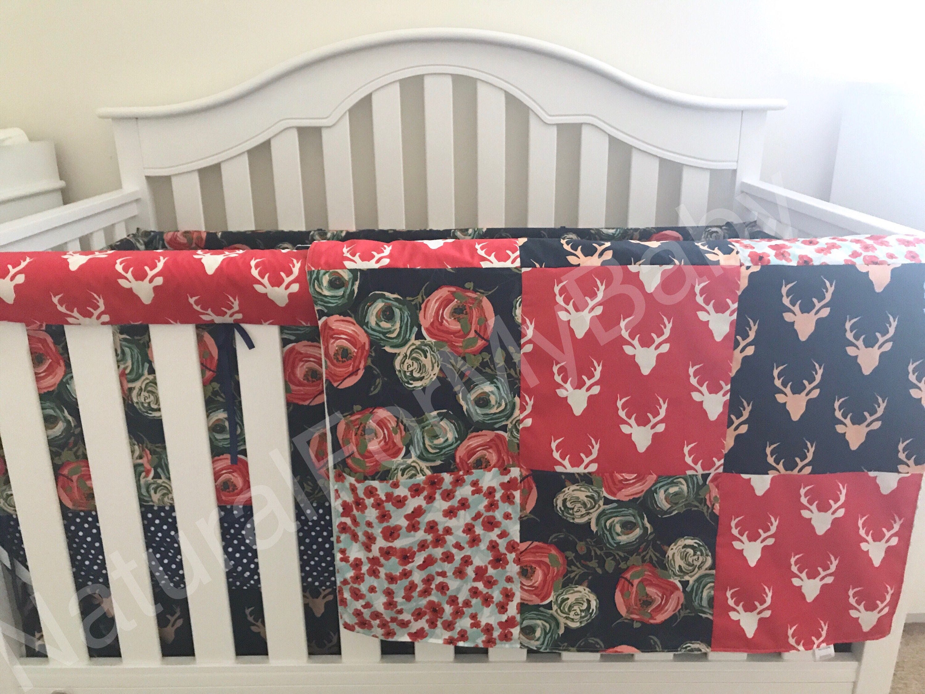 Deer Baby Girl Crib Bedding Buck Patchwork Poppy Red Mint Navy Etsy