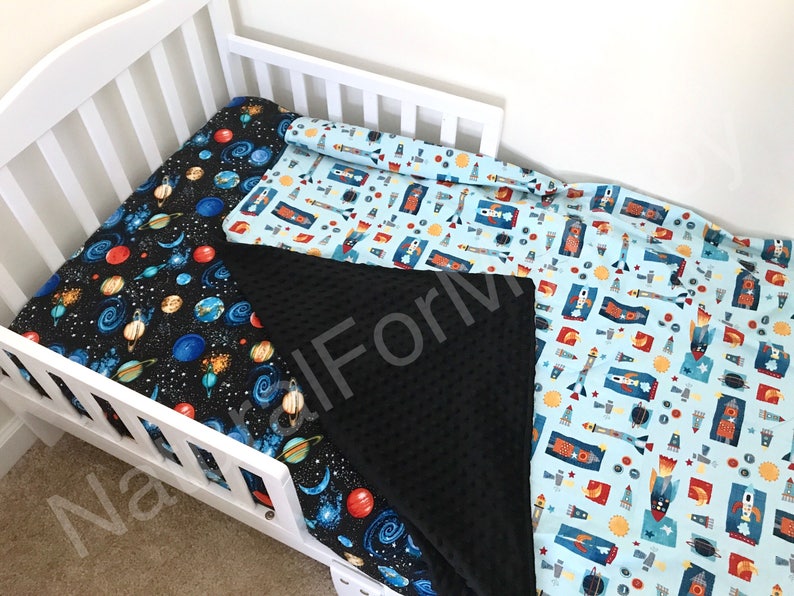 Space Toddler Boy Bedding Set Moon Blanket Comforter Fitted Sheet Pillow Case Planets