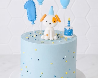Fondant Puppy Cake Topper,  Birthday Dog Cake Decoration, Balloons Kids Party