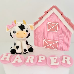 Fondant Cow & Pink Barn Cake Topper - Farm Birthday Party Decorations