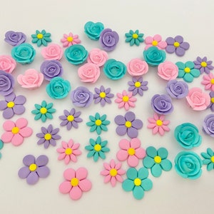 Sugar Flowers  Set  Pastel Pink, Teal, Lavender