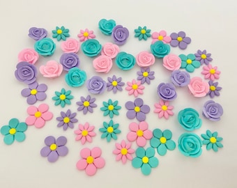 Sugar Flowers  Set  Pastel Pink, Teal, Lavender