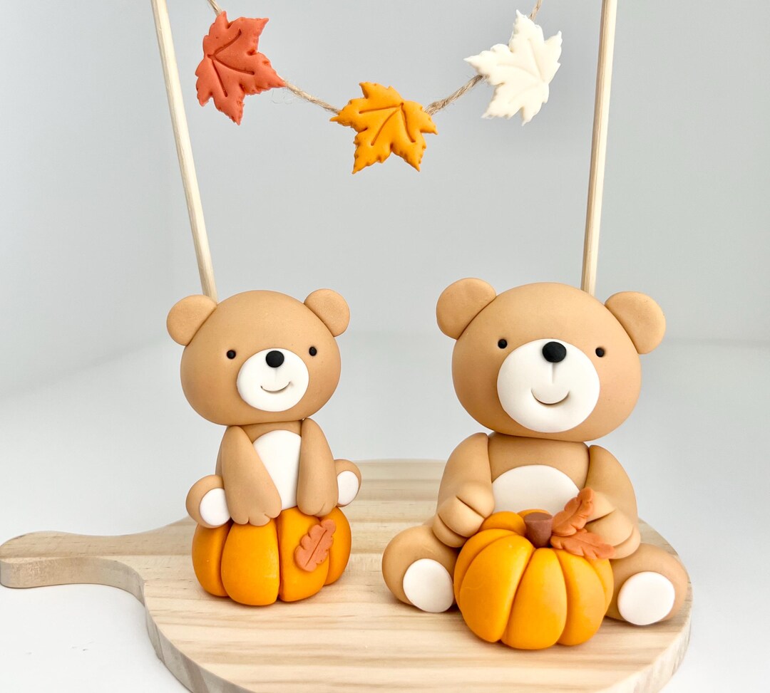 Edible Fall Teddy Bear Cake Topper • Fondant Bear With Pumpkin • Autumn ...