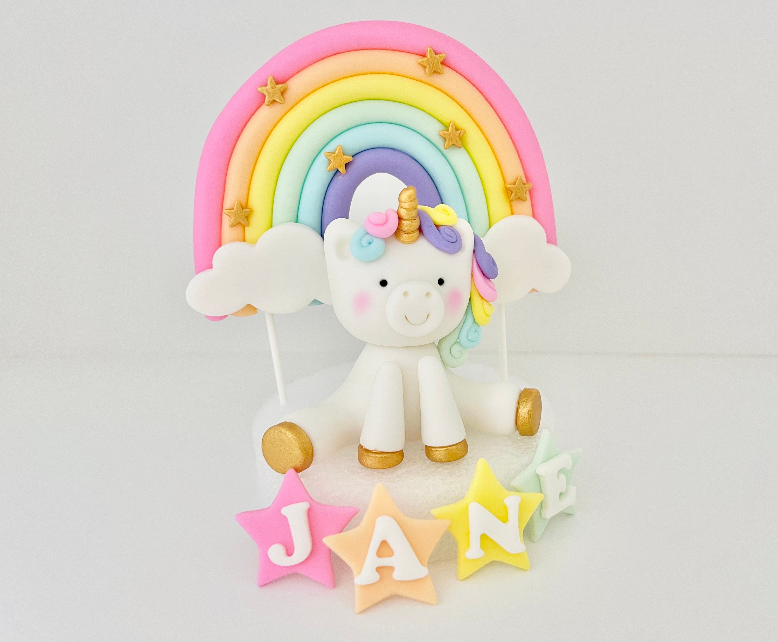 Edible Fondant 8/9cm Unicorn / Pegasus, up to 24 Flowers, Name and Age, up  to 10 Letters/ Numbers, and 12cm Rainbow Cake Toppers 