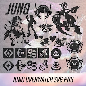 May include: Black and white digital art featuring various designs from the game Overwatch. Includes the word "JUNO" and character silhouettes, along with icons and the text "JUNO OVERWATCH SVG PNG".