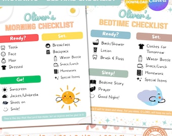 May include: Two printable checklists for kids, one for morning and one for bedtime. The morning checklist includes teeth, face, hair, and getting dressed. The bedtime checklist includes bath, lotion, and bedtime story.