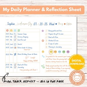 May include: A printable daily planner and reflection sheet with the title "My Daily Planner & Reflection Sheet." The planner includes a schedule, to-do lists, and space for journaling. The text includes "Plan, Track, Reflect - All in One Page."