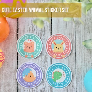 ¡Jesús te ama muchísimo! – Pegatinas de Pascua para niños / Animales tiernos / Regalo de fe / Resucitó / Para rellenar cestas