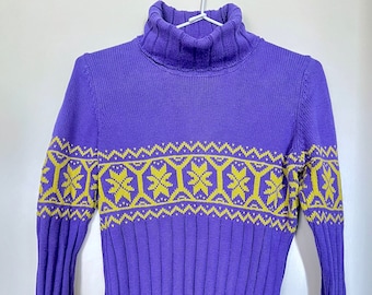 90's purple with pattern, turtle neck, sweater, jumper