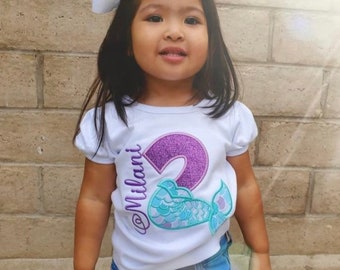 Mermaid Birthday shirt, Personalized mermaid Birthday shirt,2nd  Birthday, Purple mermaid, Embroidered shirt, Mermaid Glitter